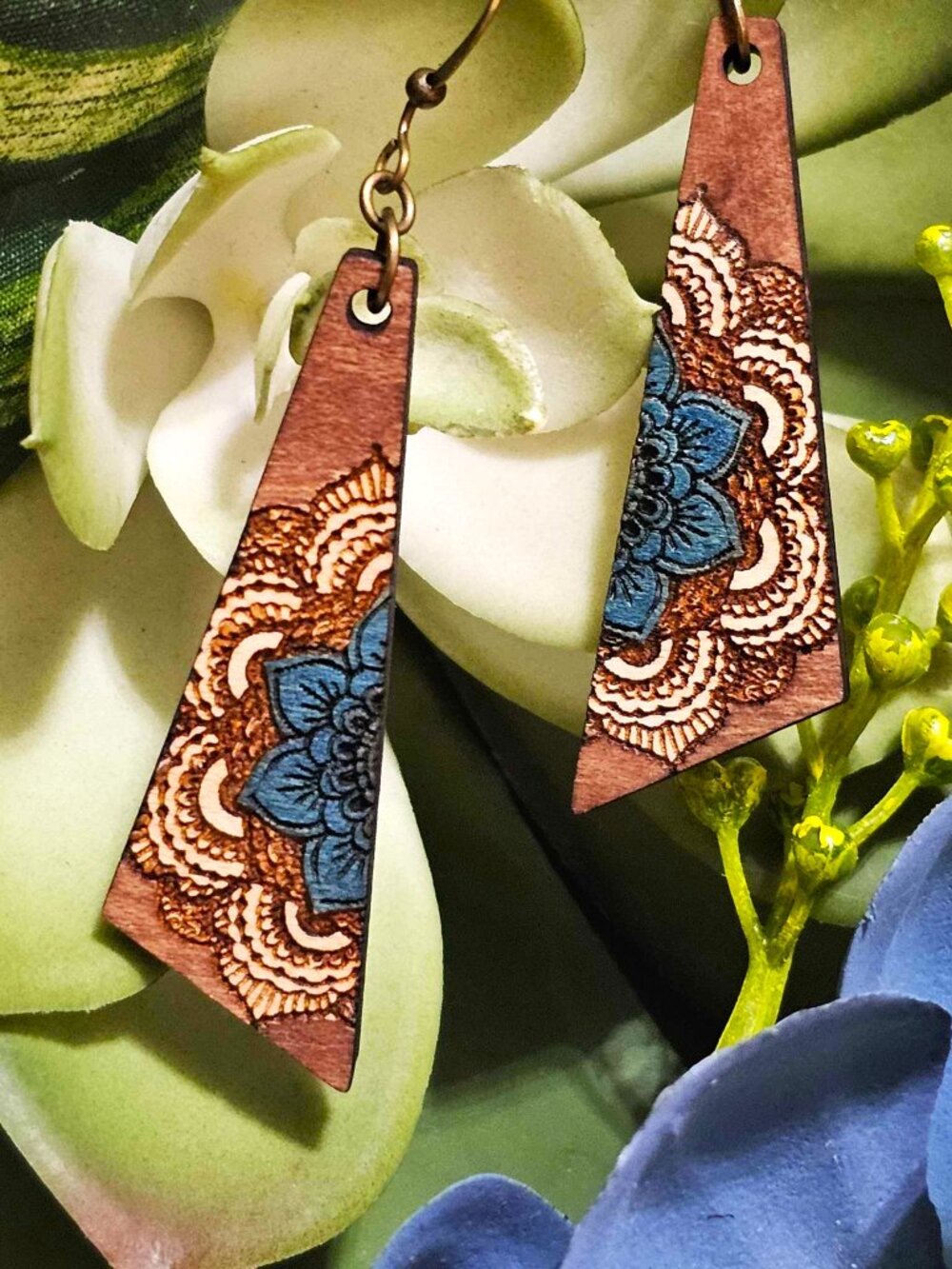 Boho Turquoise Ivory Mandala Statement Wood Earrings Geometric Dangle Pierced - Picture 3 of 11
